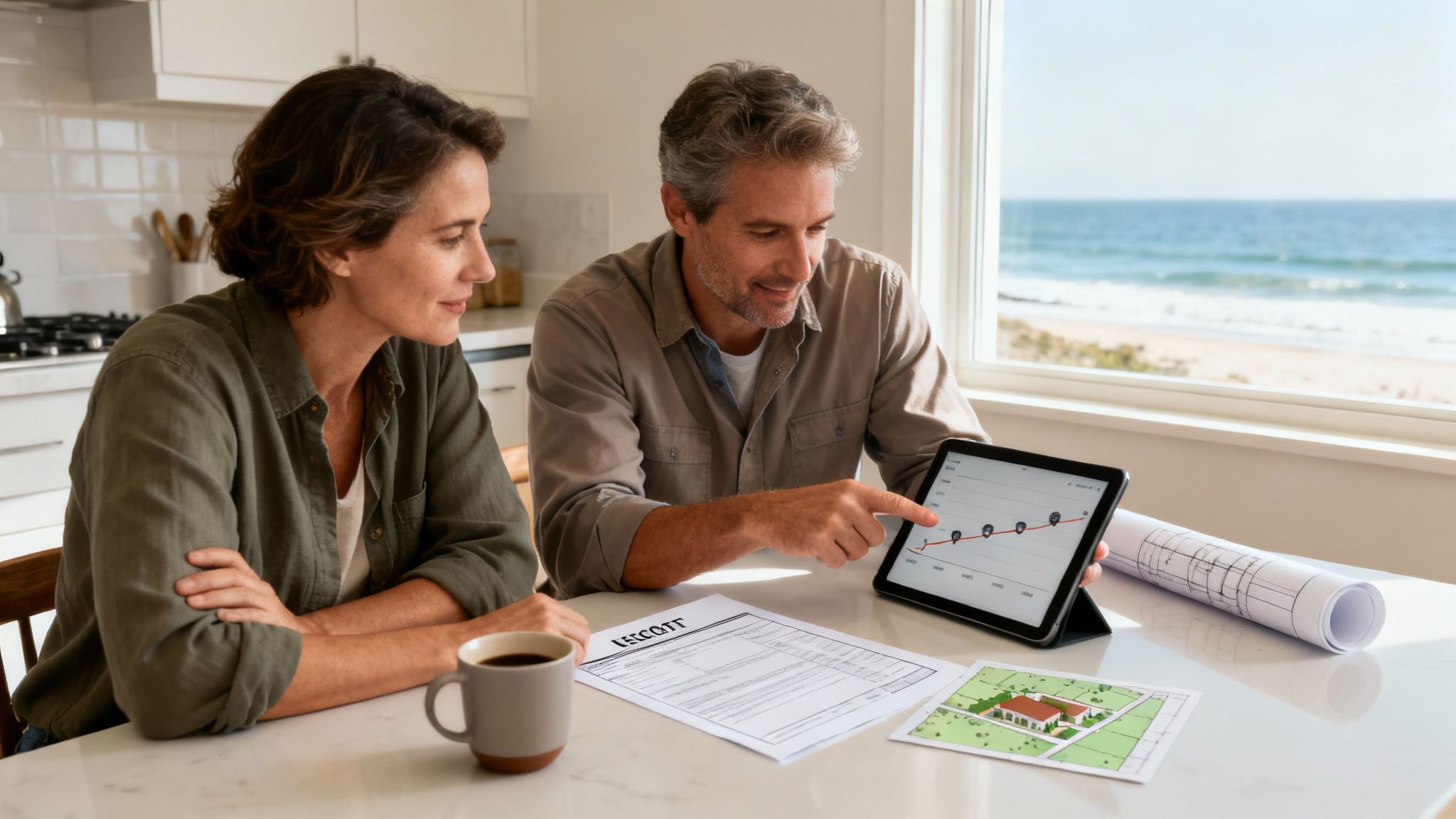 Couple reviews house plans and financial data on a tablet by a sunny window with ocean view.