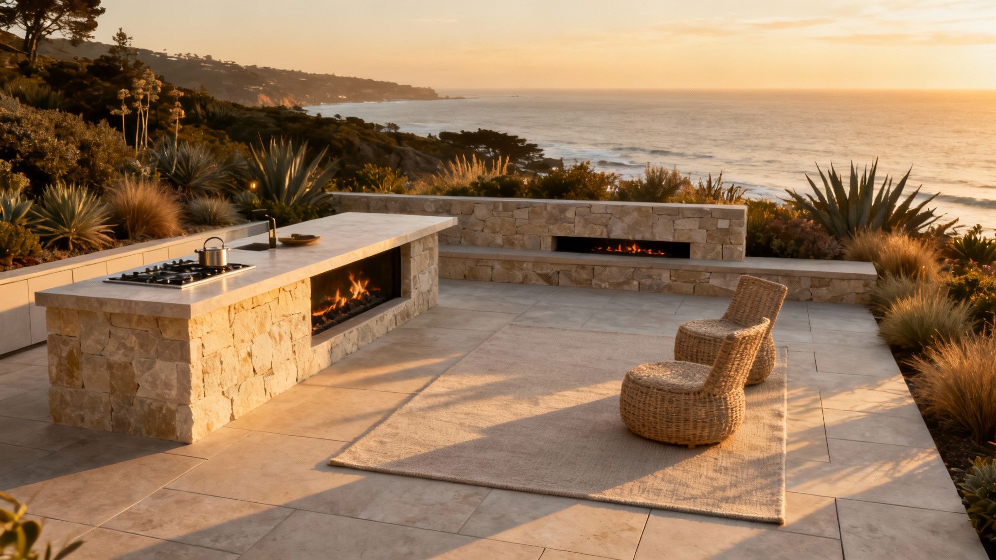 Woman relaxing on a sophisticated outdoor patio with natural stone flooring.