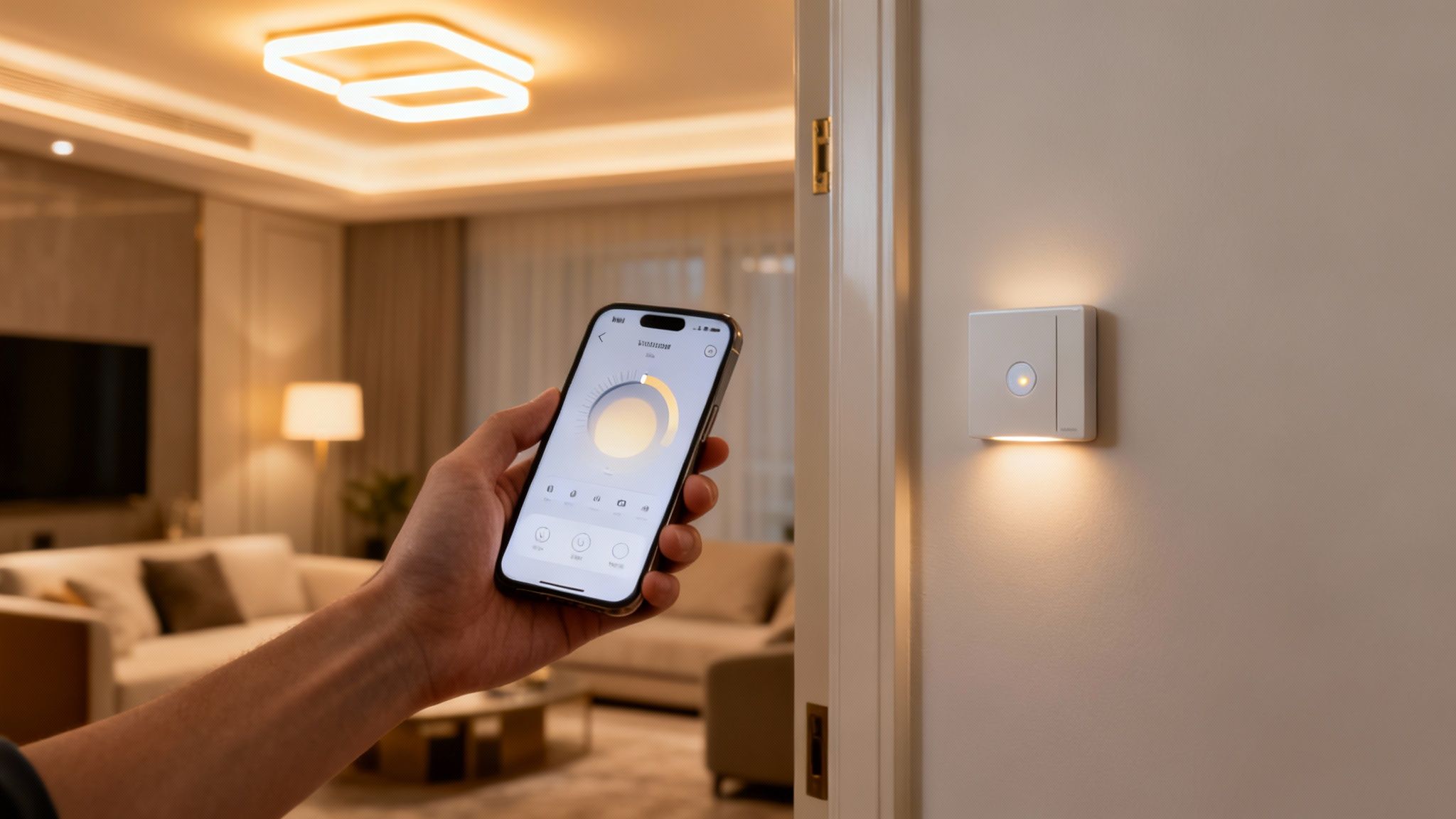 Person's hand adjusting smart home lighting with a mobile app in a stylish living room.