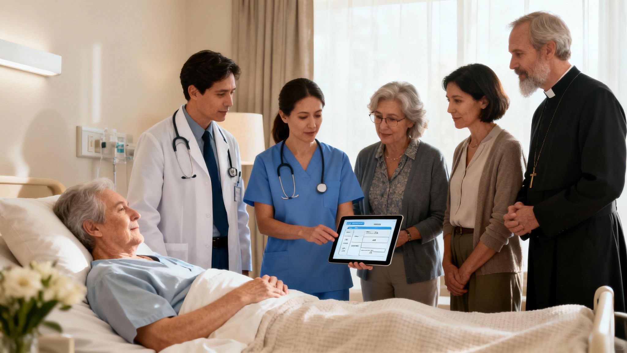 A diverse group including medical staff, family, and a priest surrounds a senior patient in a hospital bed.