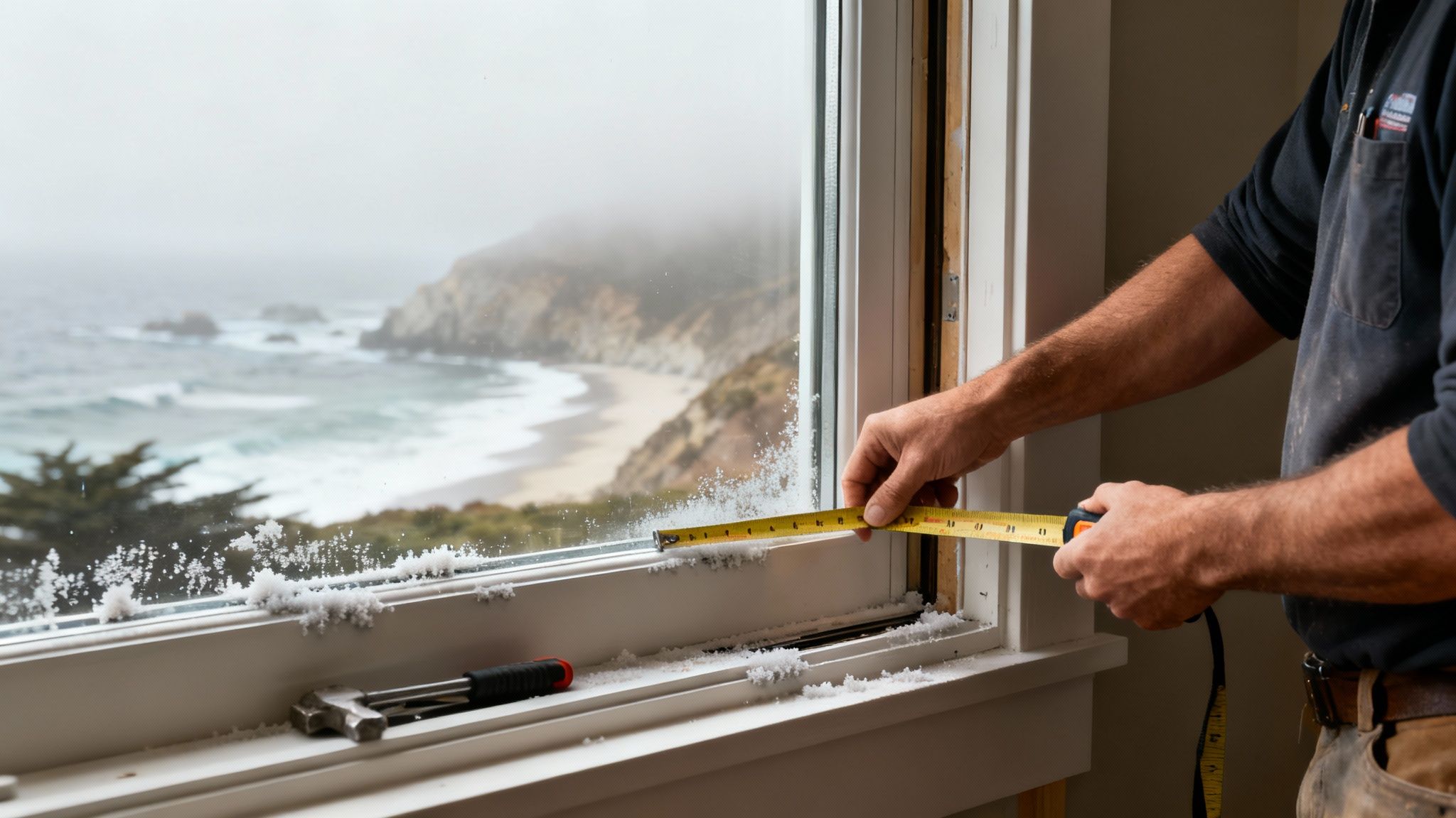 A professional installer carefully fitting a new window into a home's exterior wall.