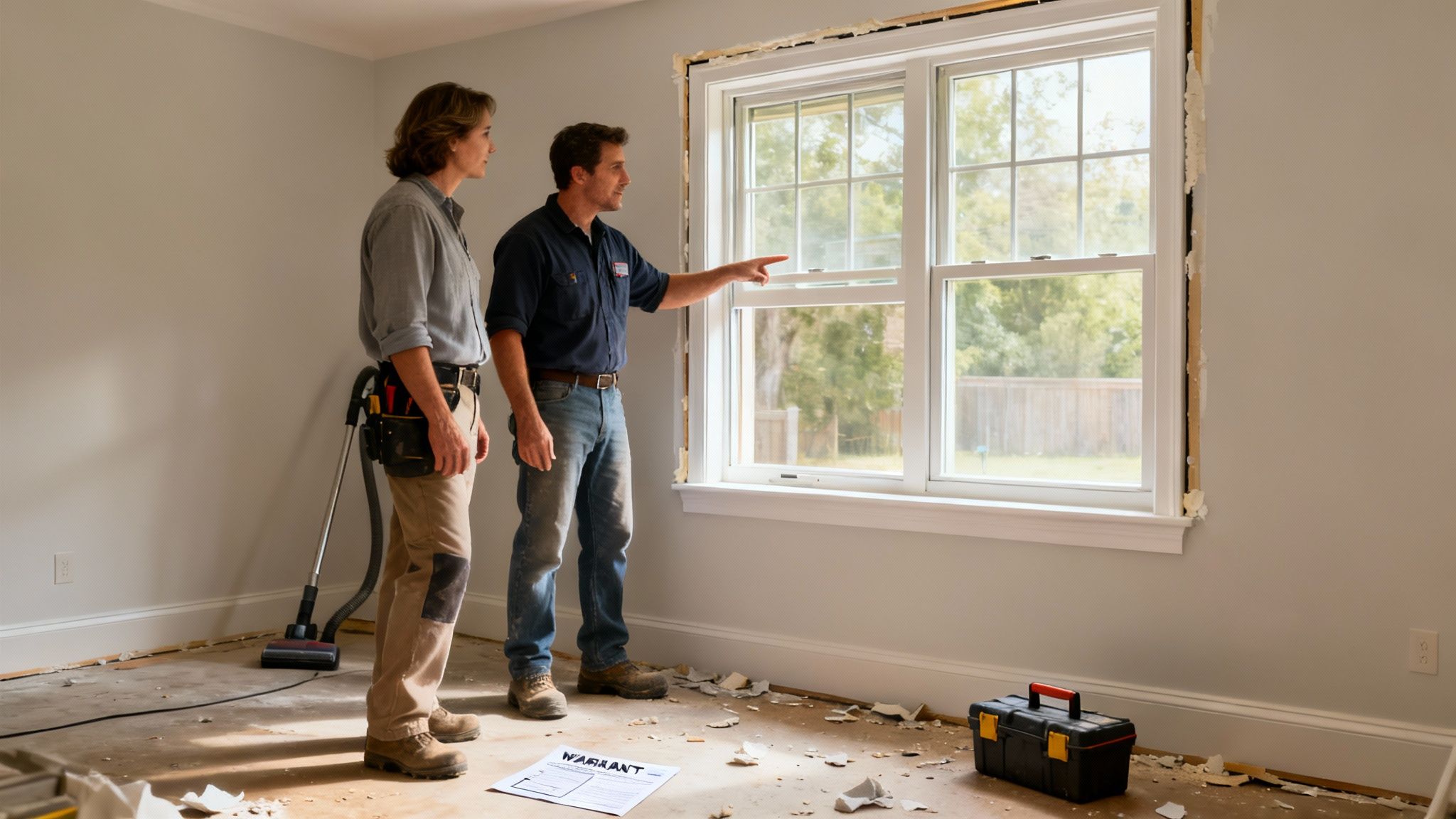 Two professionals discussing a newly installed window in a room undergoing renovation.