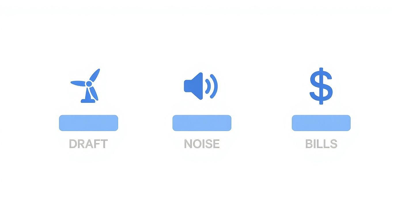 Three blue icons on white: wind turbine for draft, speaker for noise, and dollar sign for bills.