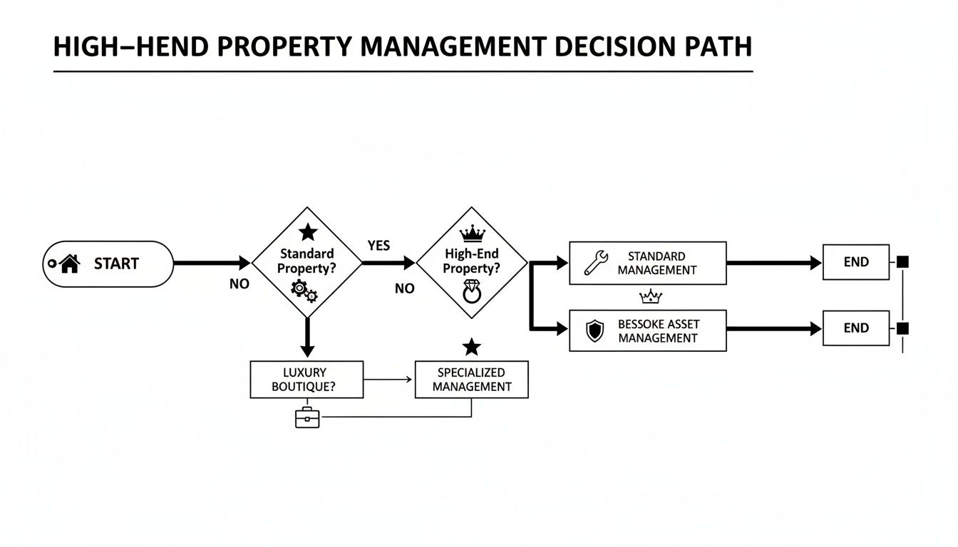 Flowchart outlining the high-end property management decision path, categorizing properties into standard, luxury, and specialized.