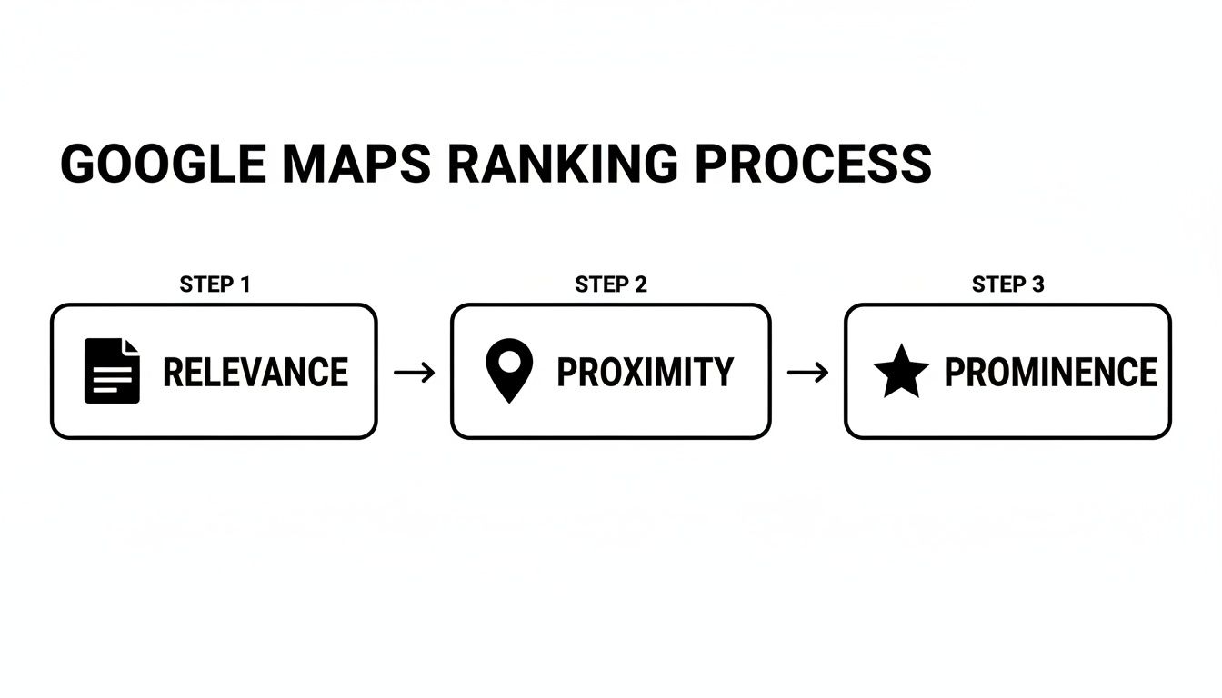 Flowchart showing Google Maps ranking process steps: Relevance, Proximity, and Prominence, with icons.