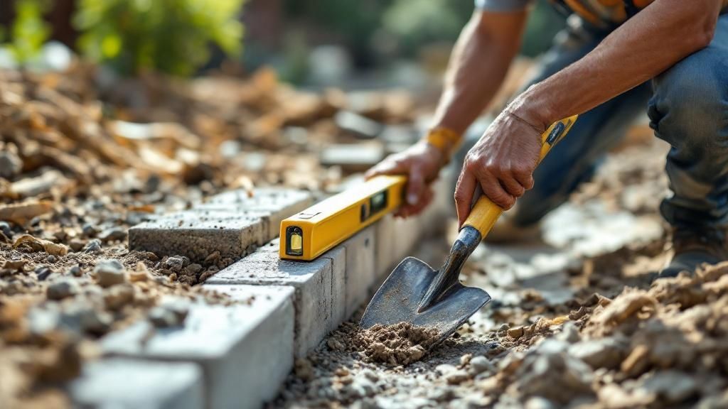 Person drawing up blueprints for a retaining wall project
