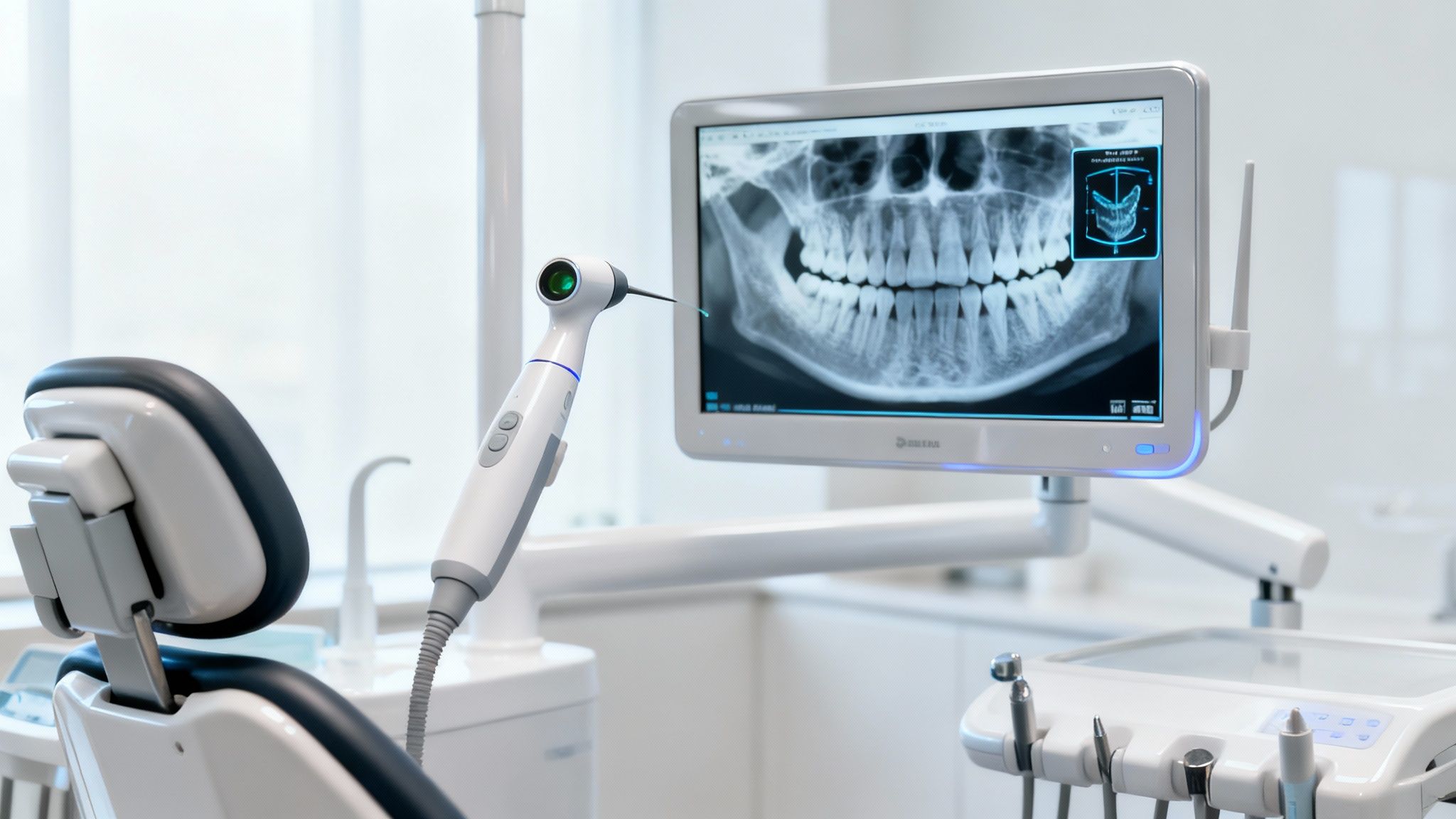 An intraoral camera showing a close-up image of a patient's teeth on a large screen in a large screen in a dental treatment room.