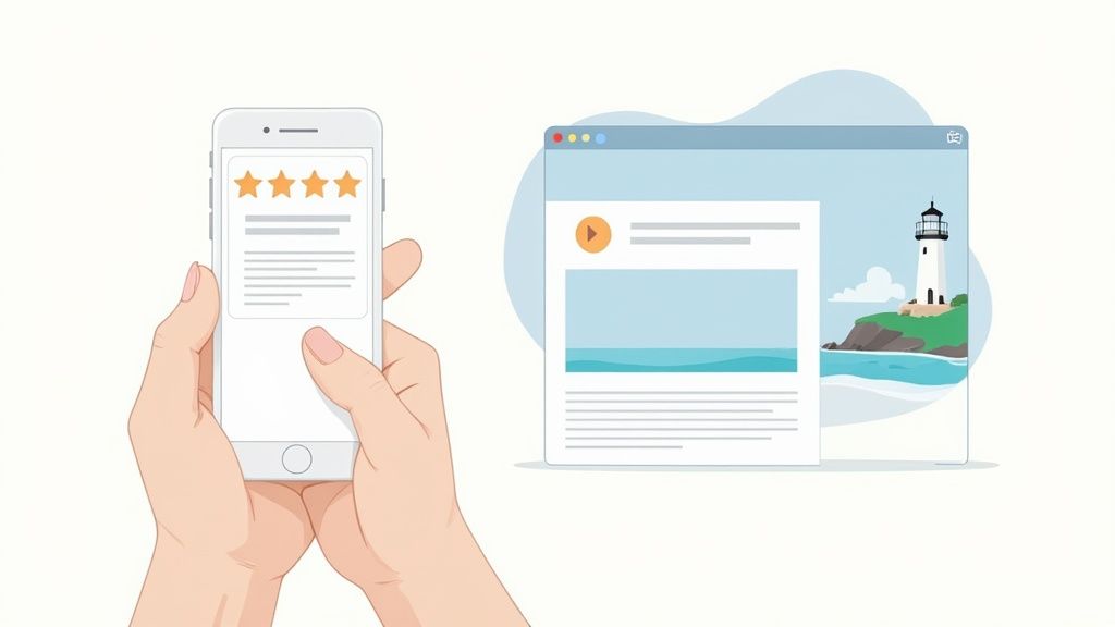 Positive customer review shown on a smartphone, with a backdrop of a neatly finished home service project.