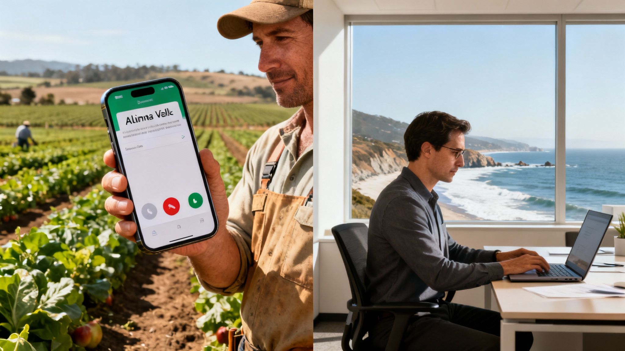 Man on smartphone making a call in a farm field, another working on laptop by the ocean.
