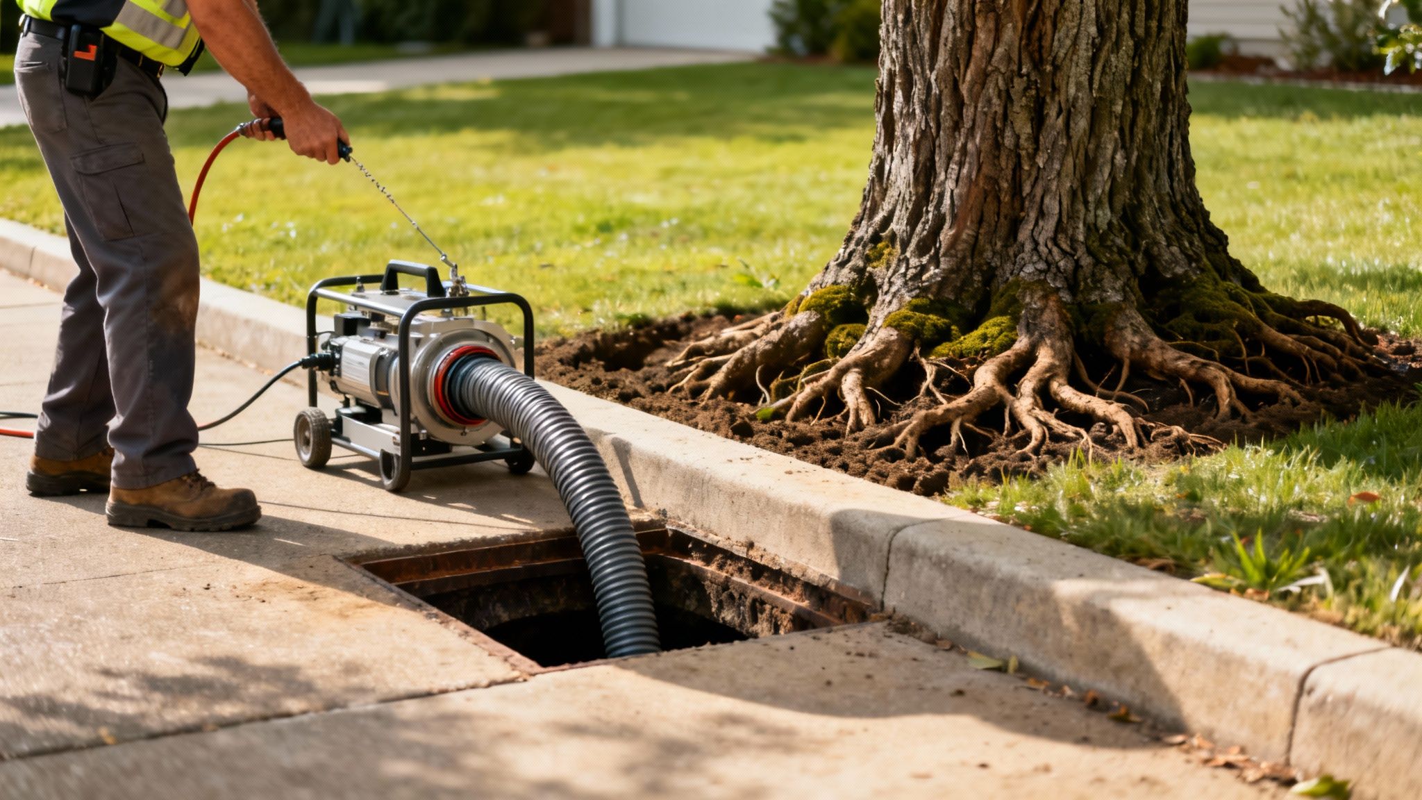 A worker uses a pump machine to clear a sewer line near a tree with exposed roots.