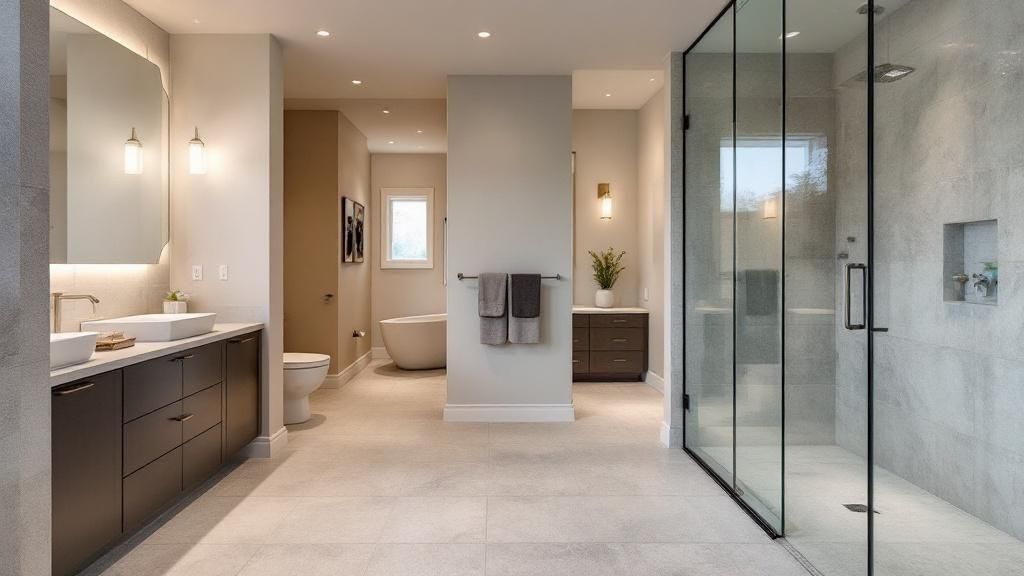 An elegant steam shower with marble-look porcelain tile and a modern black-framed glass door, featuring a built-in bench.