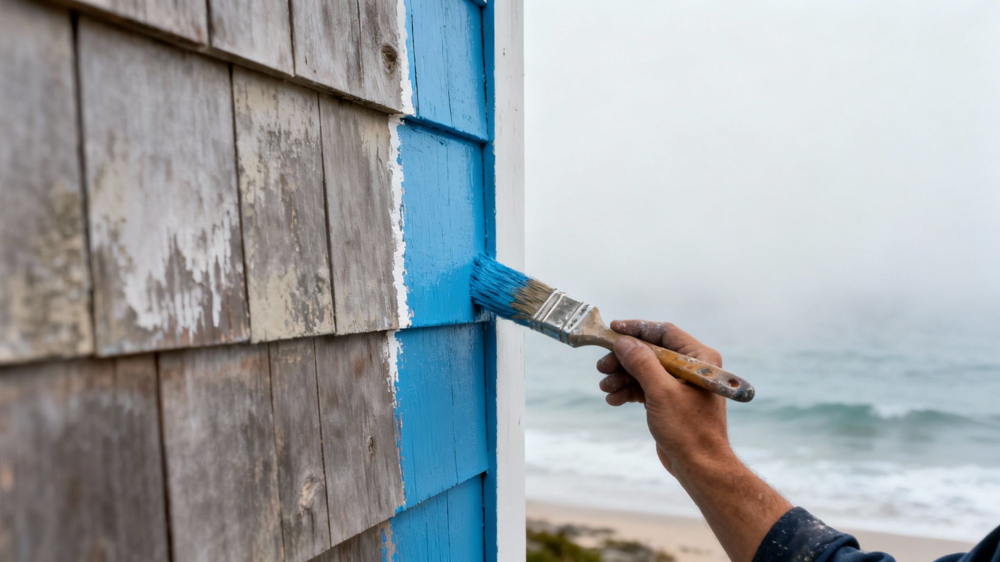 A person's hand paints blue on weathered wooden house shingles with an ocean view.
