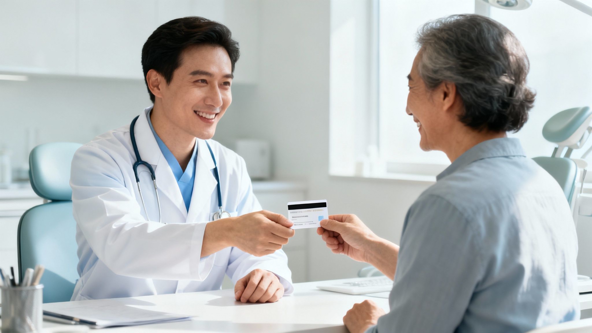 Smiling doctor hands a credit card to an elderly patient in a modern clinic.