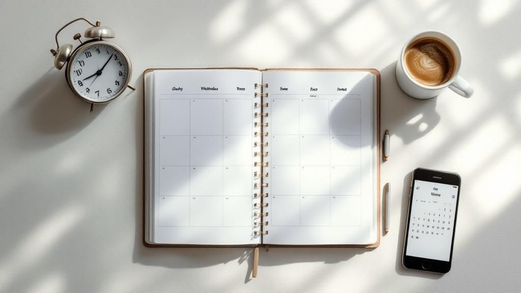 A person using a planner and a laptop to structure their day, symbolizing a routine.