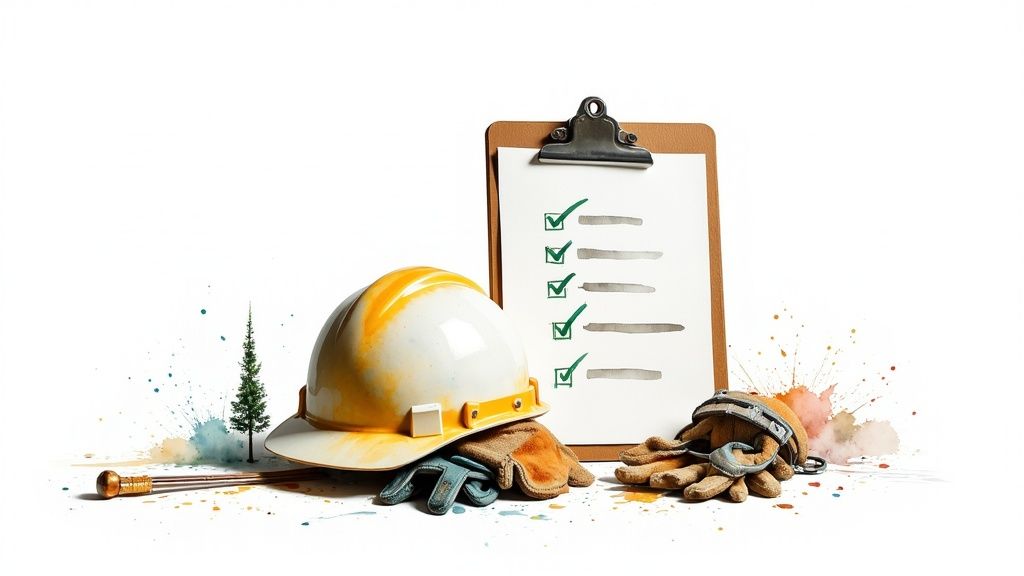 Safety gear, including a hard hat and gloves, beside a checklist and a small tree.