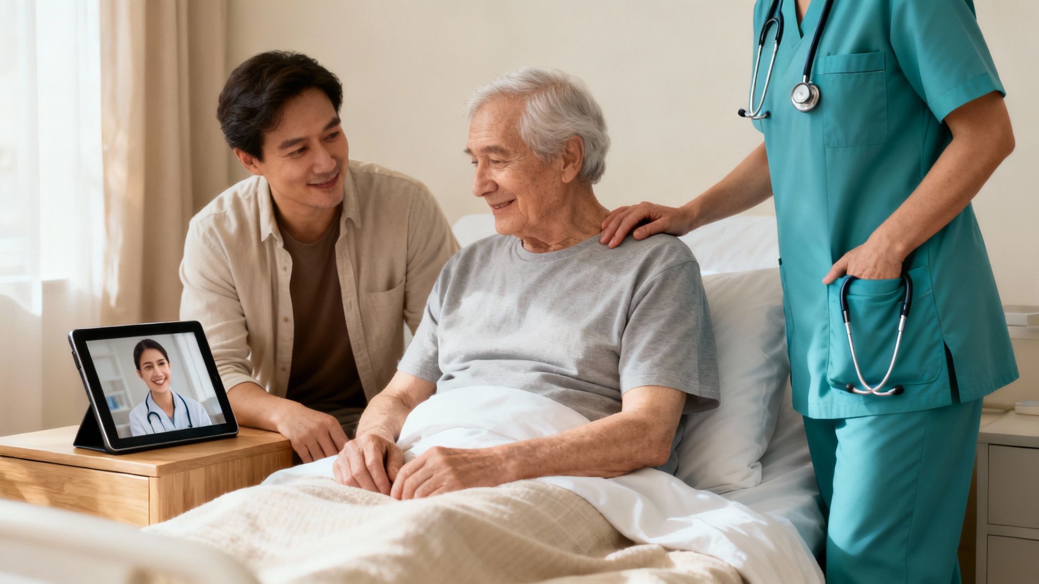 Elderly man in bed with family and nurse, having a telehealth video call with a doctor.