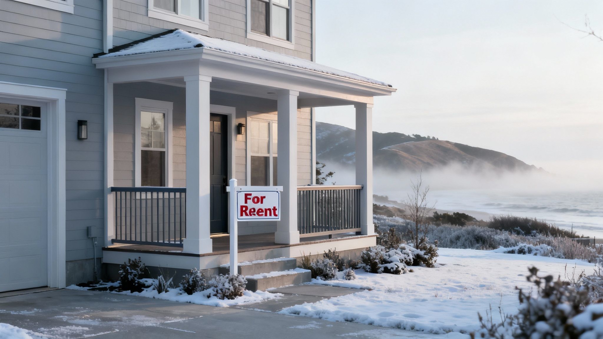 A snowy house with a "For Reent" sign overlooking a foggy winter ocean and mountains.