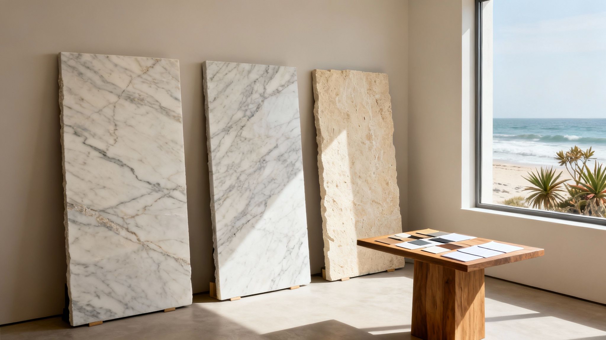 A modern, well-lit showroom with large stone slabs on display.