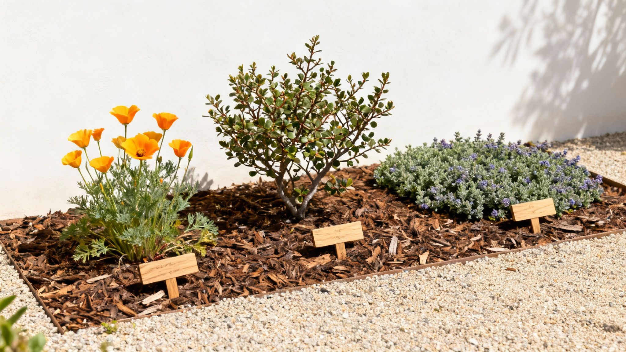 A lush garden with California native plants, showcasing a variety of textures and colors in a water-wise design.