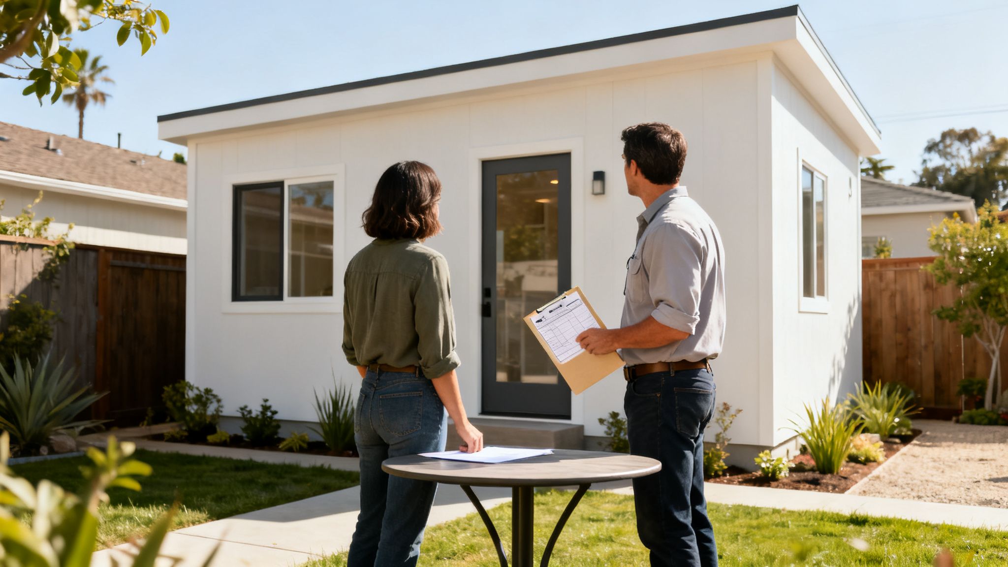 Real estate agent and client inspecting a white backyard ADU on a sunny day.