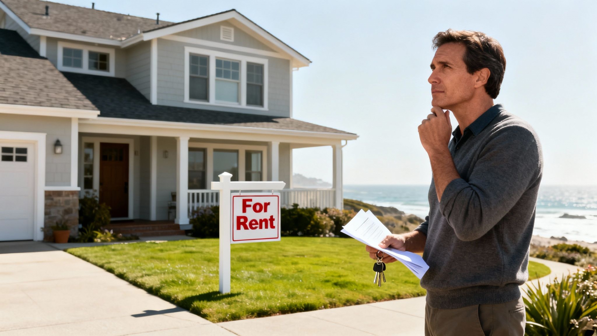Thoughtful man holding papers and keys in front of a house with a 'For Rent' sign by the ocean.