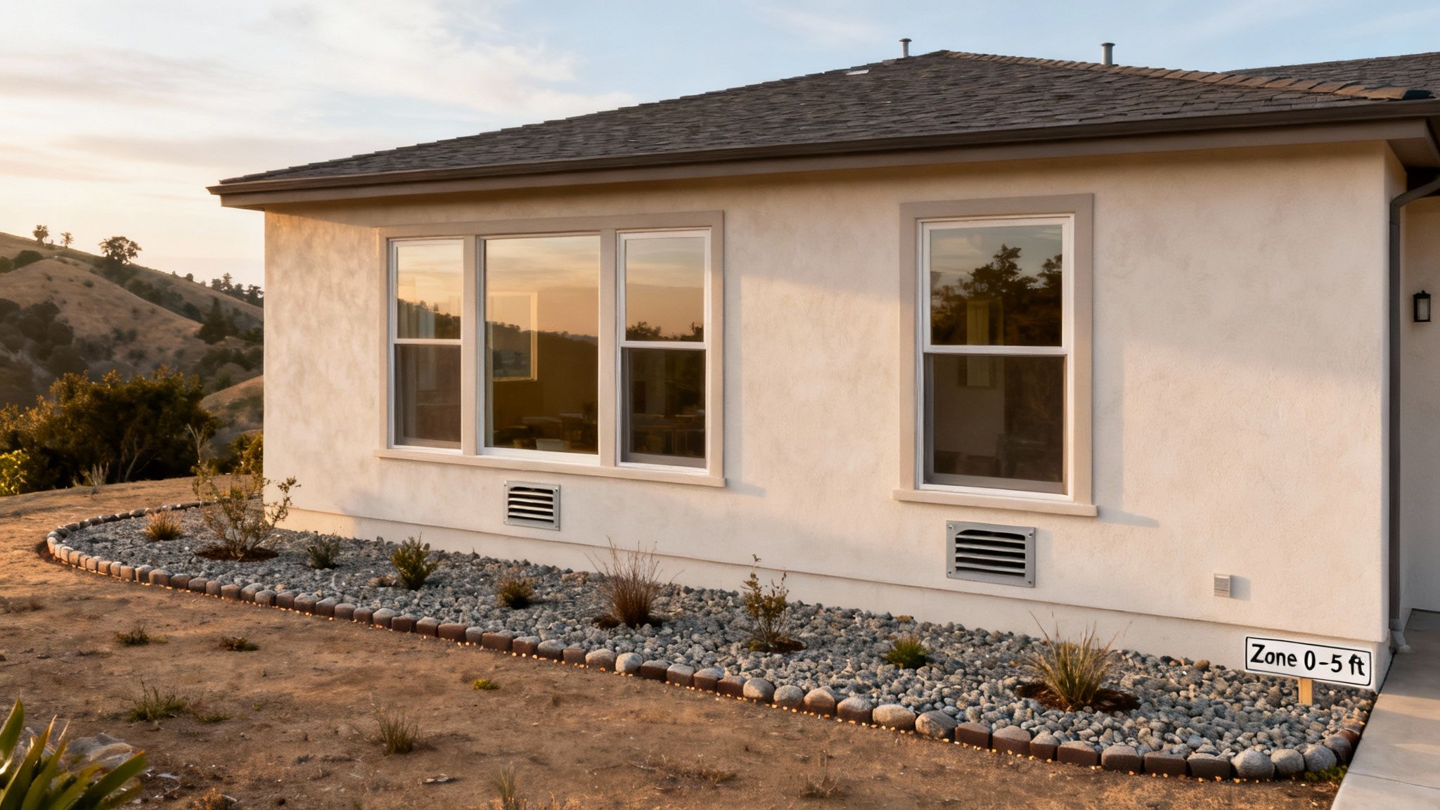 Side of a house with modern windows, a drought-tolerant rock garden, and a 'Zone 0-5 ft' defensible space sign.