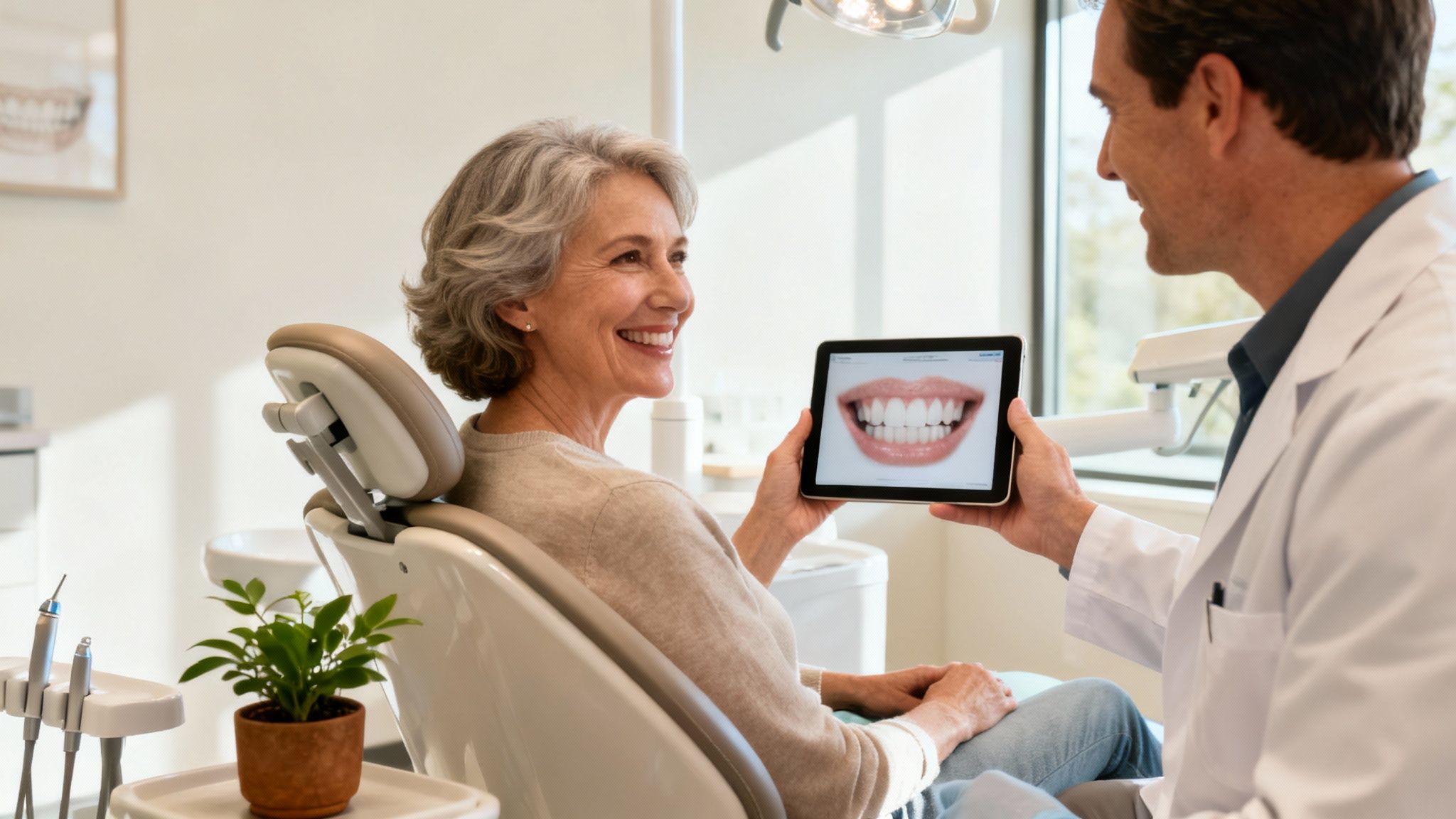 A smiling senior woman in a dental chair looks at a dentist showing a perfect smile on a tablet.