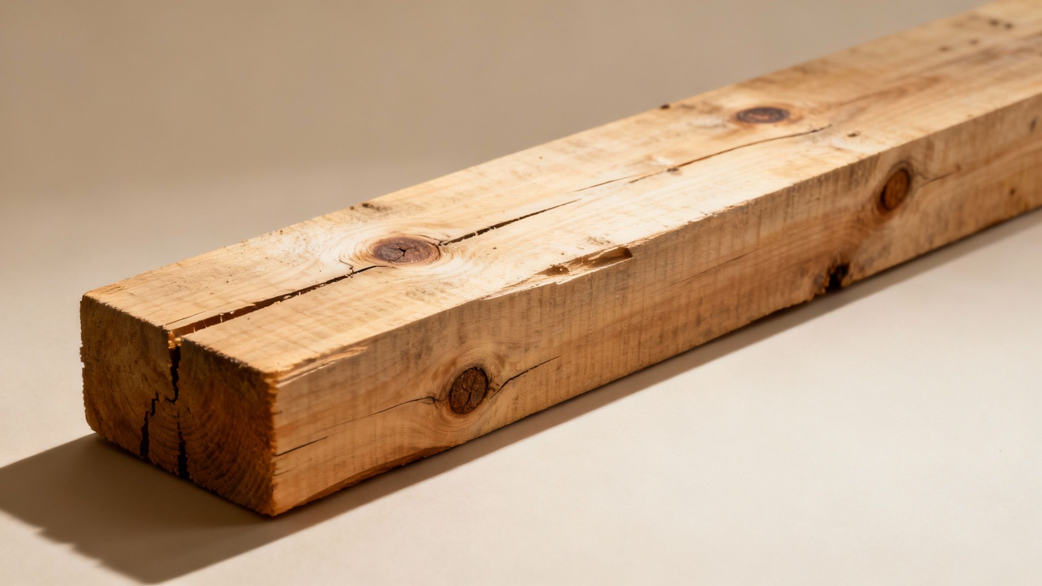 Close-up shot of various grades of lumber stacked neatly in a lumberyard, showing different textures and knot patterns.