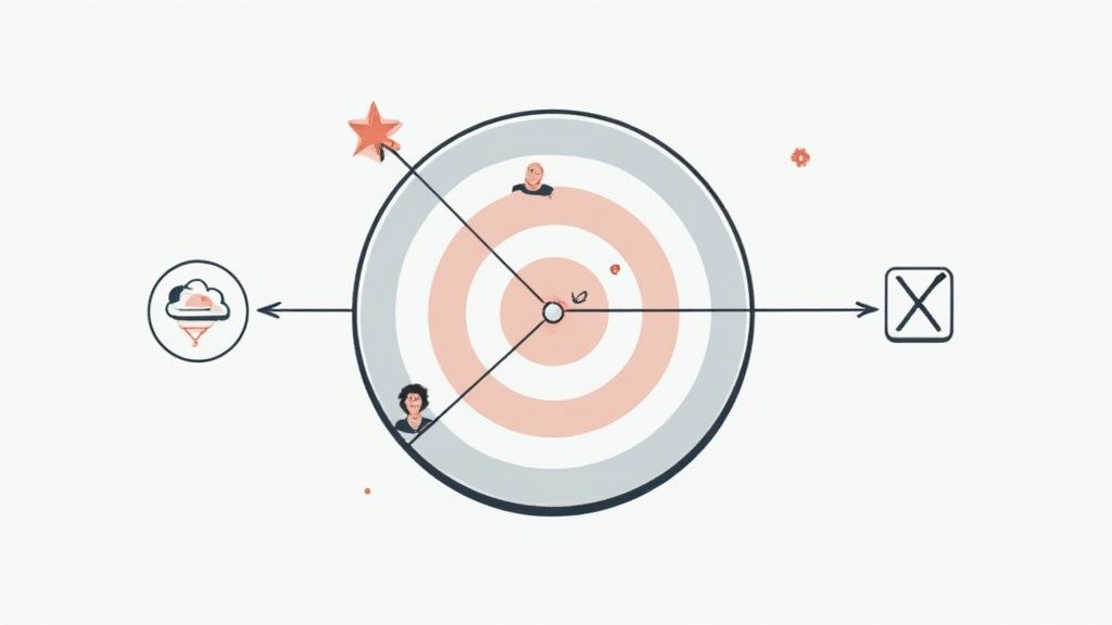 Diagram visualizing business goals with a target, human avatars, data cloud, and process indicators.