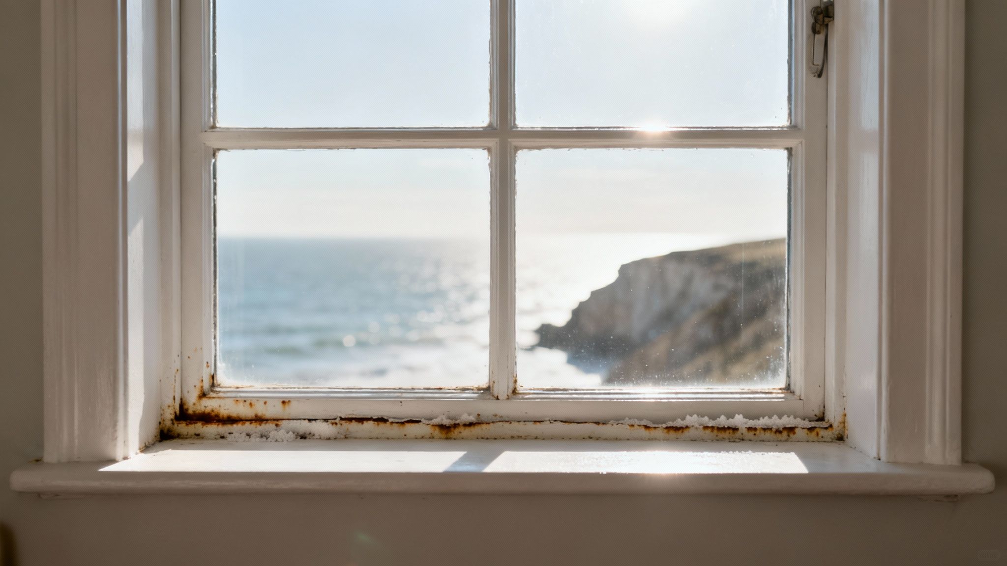 Weathered coastal window frame with rust and corrosion showing ocean view
