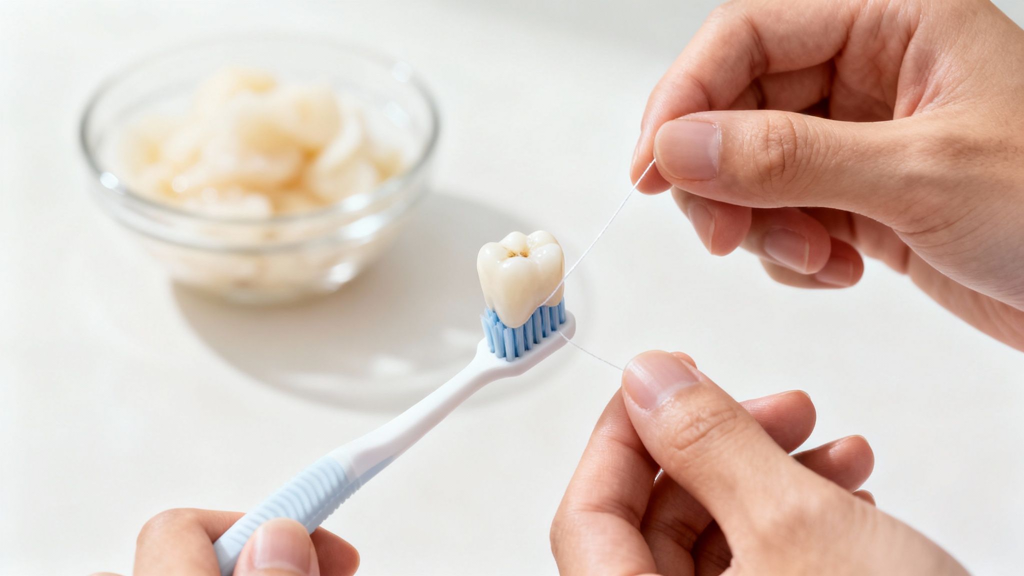 Hands demonstrate flossing a dental model tooth placed on a toothbrush, with <a href=