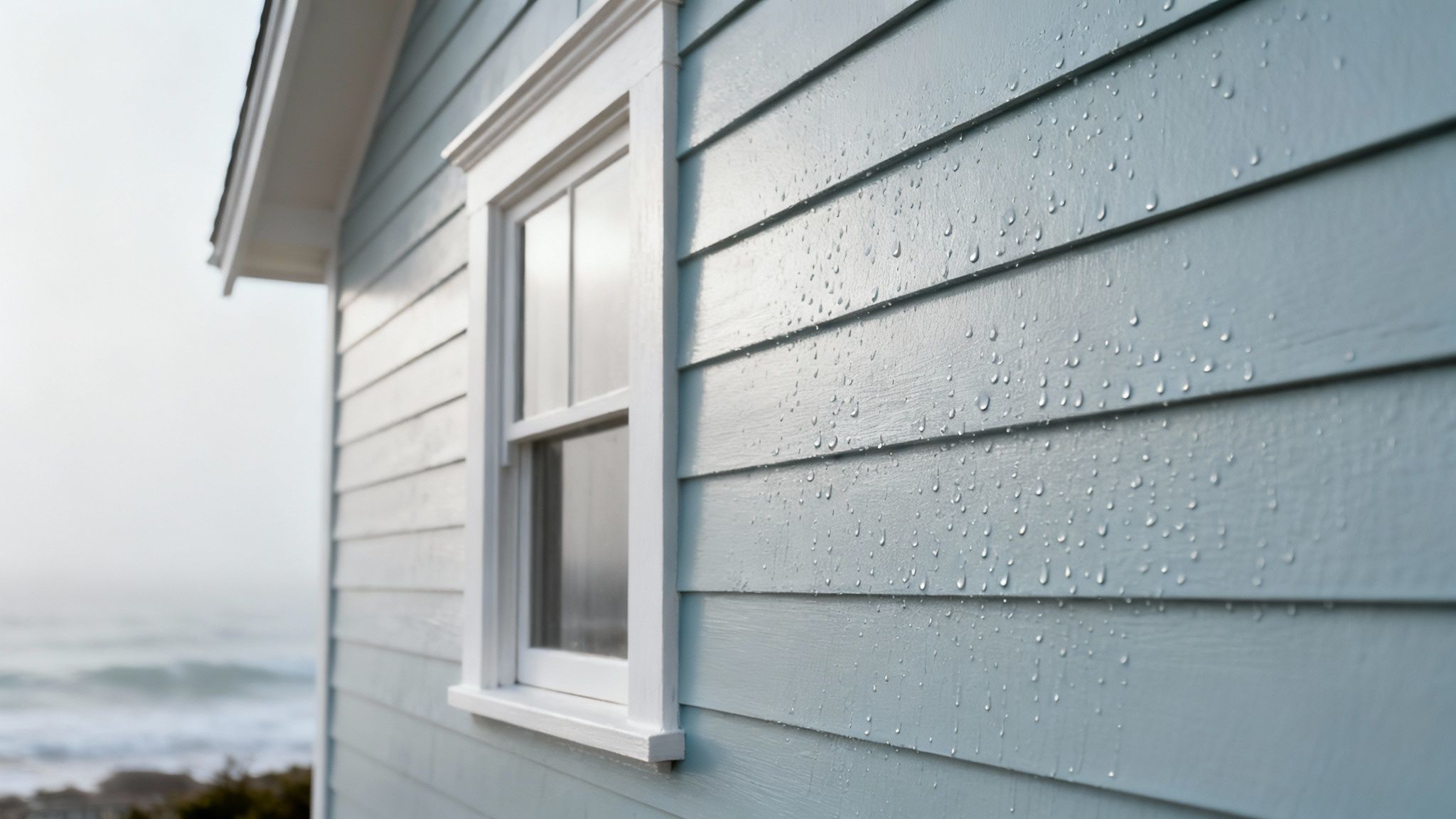 Fresh blue painted house siding with water droplets and white window frame