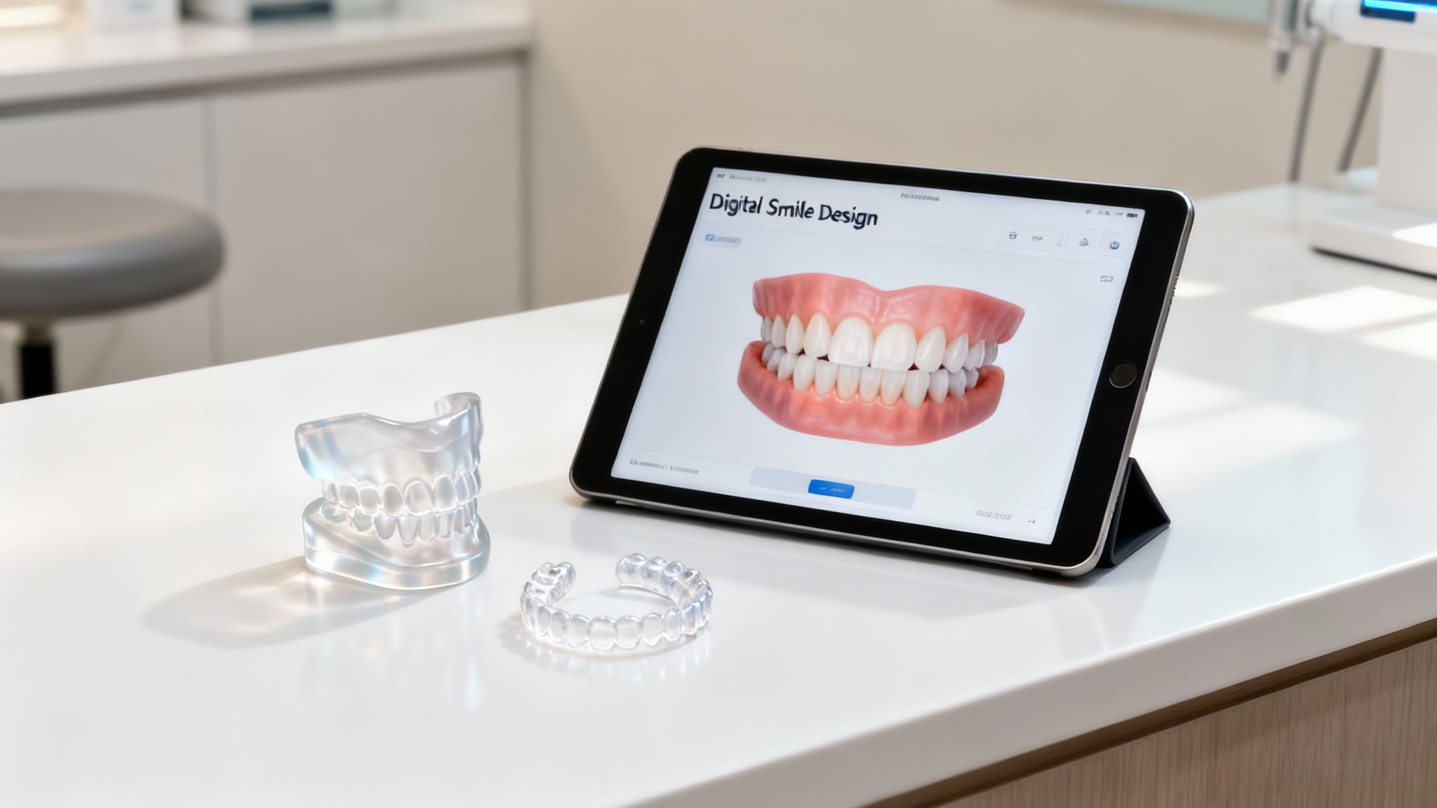A tablet displays a digital smile design, with dental molds and an aligner on a white counter.
