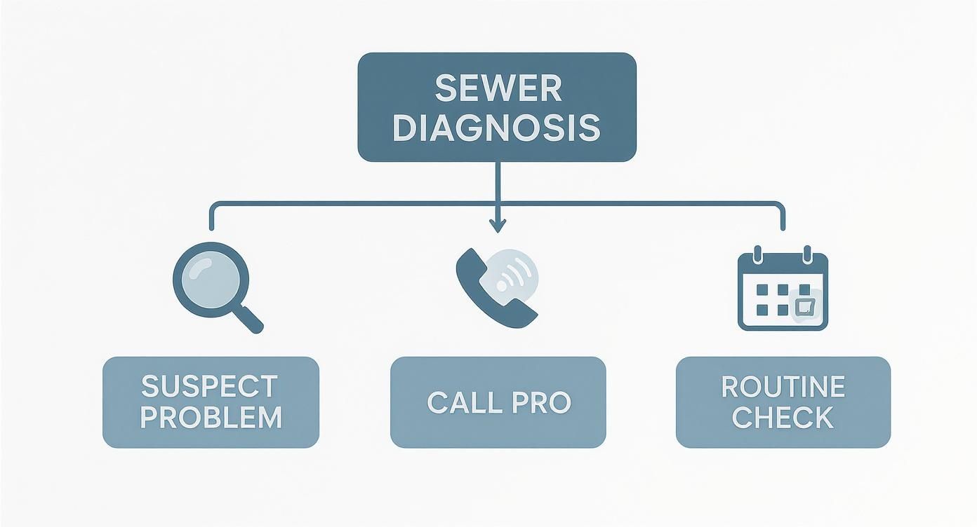 Flowchart showing options for 'Sewer Diagnosis': 'Suspect Problem', 'Call Pro', and 'Routine Check'.