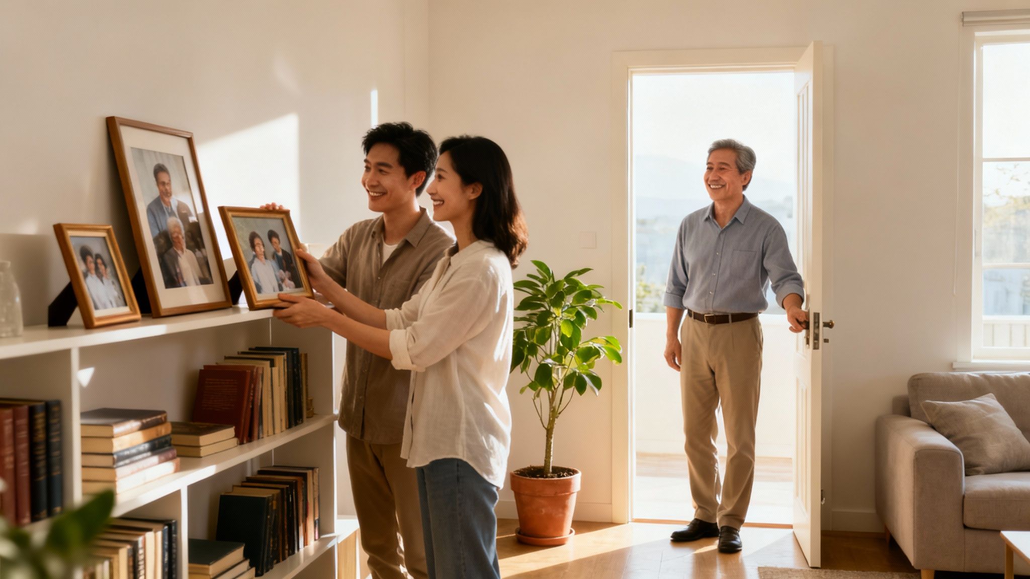 Smiling family members placing framed photos on a white bookshelf in a bright home.