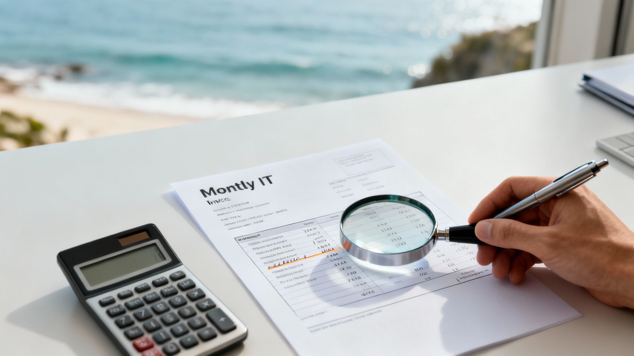 A hand with a magnifying glass examines a Monthly IT invoice document, with a calculator nearby and the ocean in the background.