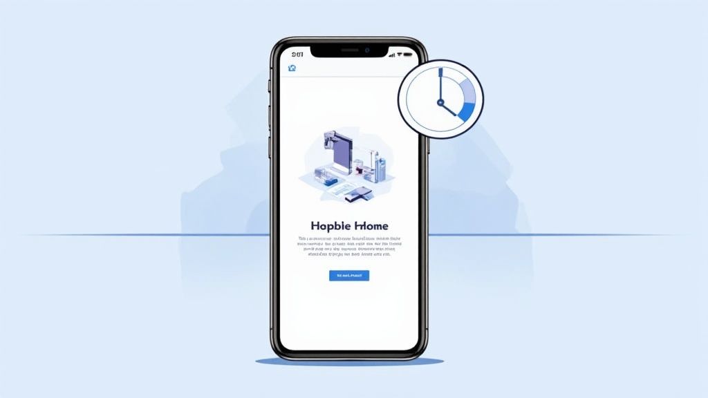 A home service professional using a tablet to showcase a digital blueprint to a homeowner in a modern kitchen.