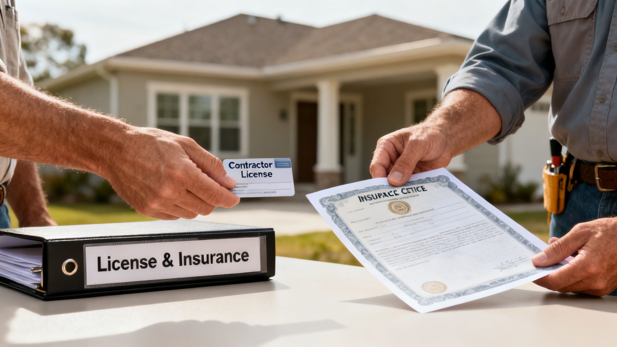 Two contractors exchange a license card and an insurance certificate in front of a house.