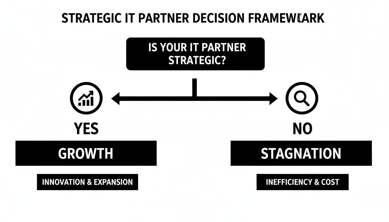 Decision framework illustrating strategic IT partner impact on business growth or stagnation.