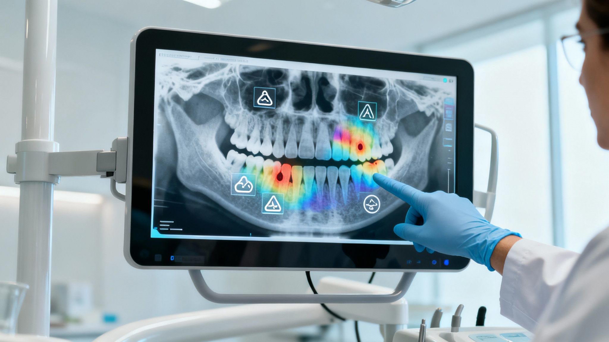 A dental professional analyzes an x-ray with AI software assistance on a computer screen, highlighting potential issues.