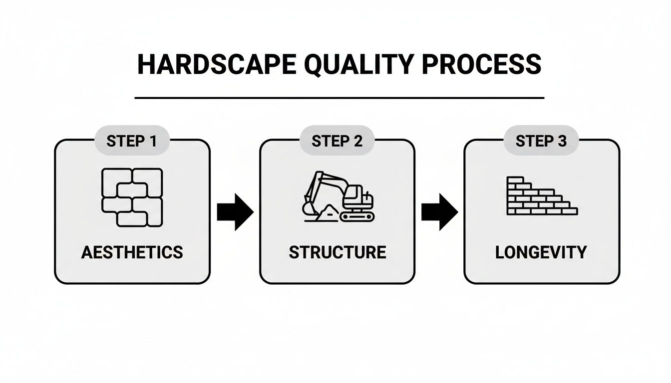 A diagram outlining the hardscape quality process, detailing steps for aesthetics, structure, and longevity.