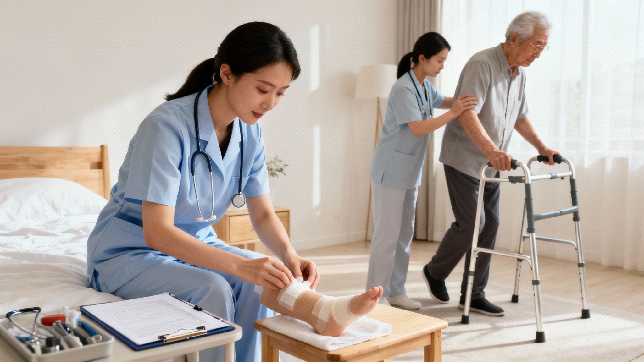 Two nurses provide home healthcare, one bandaging a foot, the other assisting an elderly man with a walker.