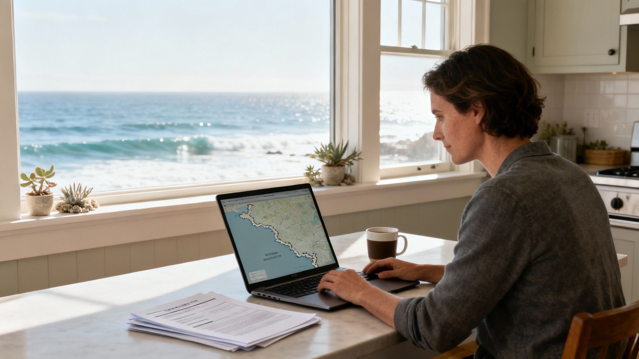 A person works on a laptop showing a map of Monterey County, overlooking a sunny ocean view.