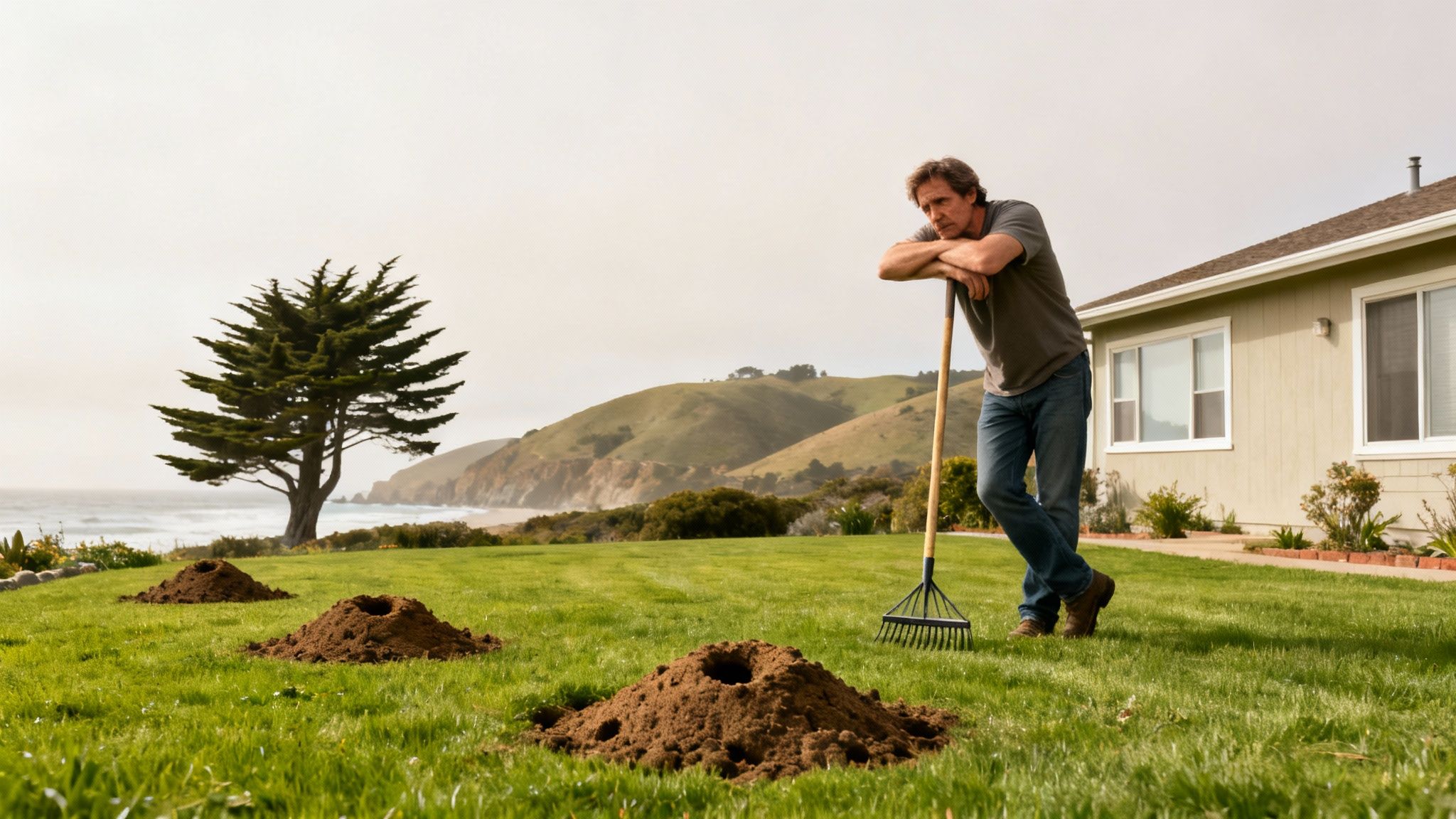 A man leans on a rake in a yard with gopher mounds, overlooking a coastal landscape.