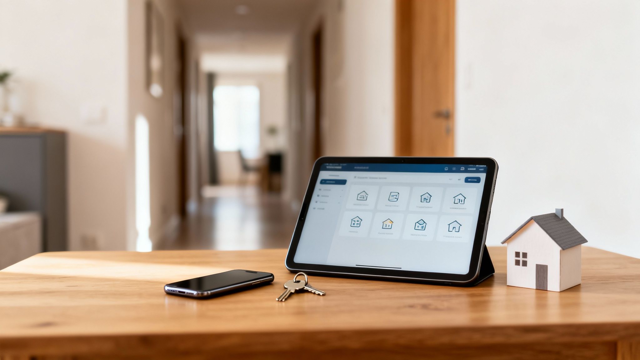 A tablet with a smart home app, a smartphone, keys, and a house model on a wooden table.