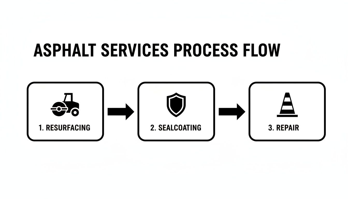 Flowchart illustrating asphalt services process: resurfacing, sealcoating, and repair steps with icons.
