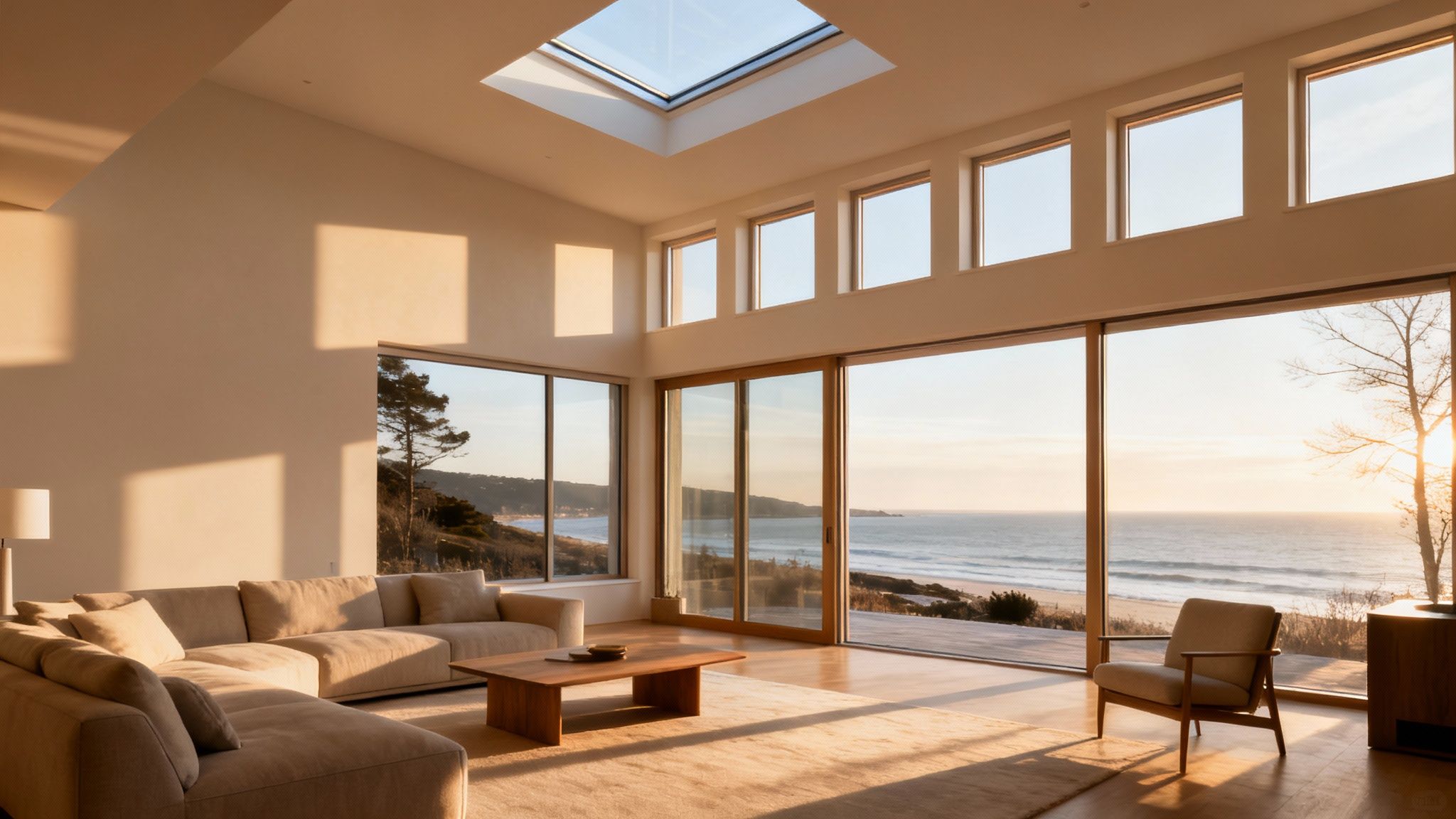 A bright, modern living room with large windows offering an expansive ocean view and a comfortable sectional sofa.