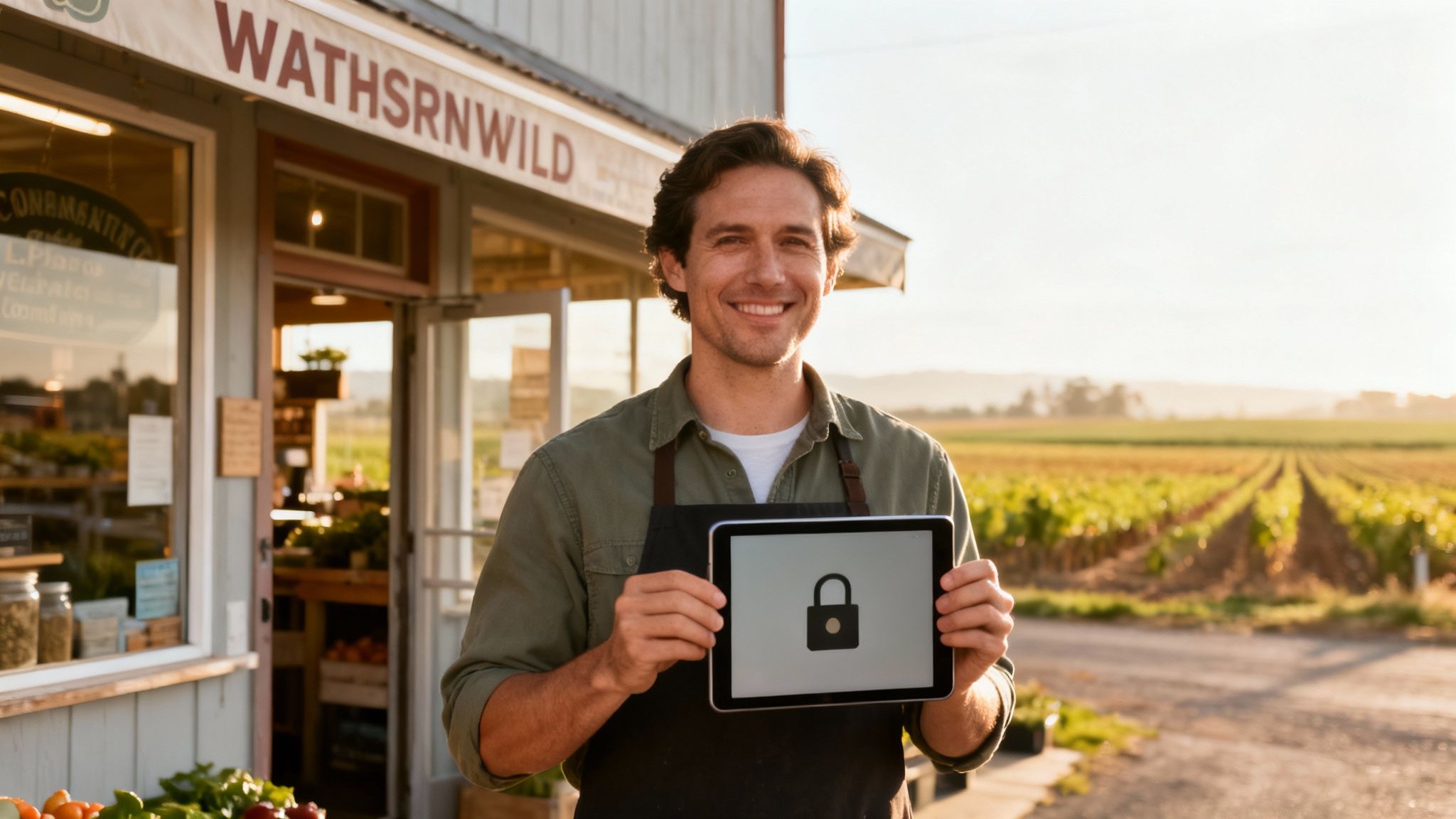 A smiling man holding a tablet with a lock icon in front of a rural store.