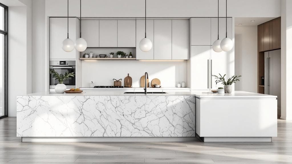 Aesthetic comparison of granite, quartz, and porcelain countertops showing different veining and finishes.