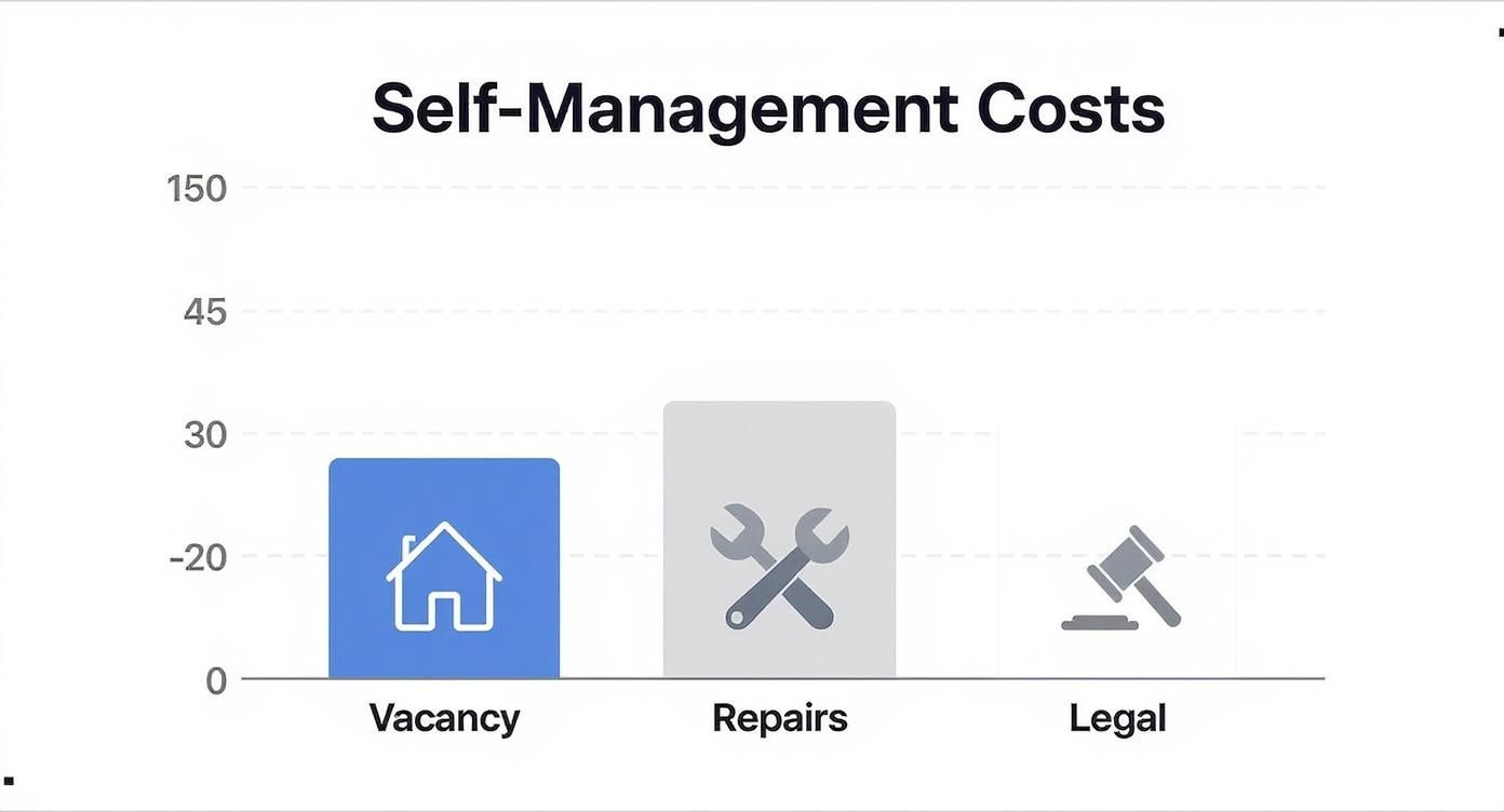 Bar chart illustrating self-management costs for vacancy, repairs, and legal expenses.